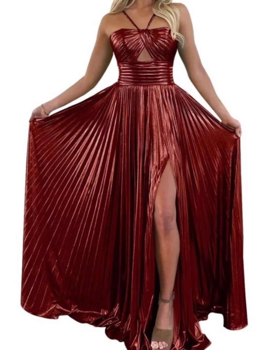 UNBRANDED Red Metallic High Low Pleated Maxi Dress Size M - Picture 2 of 16